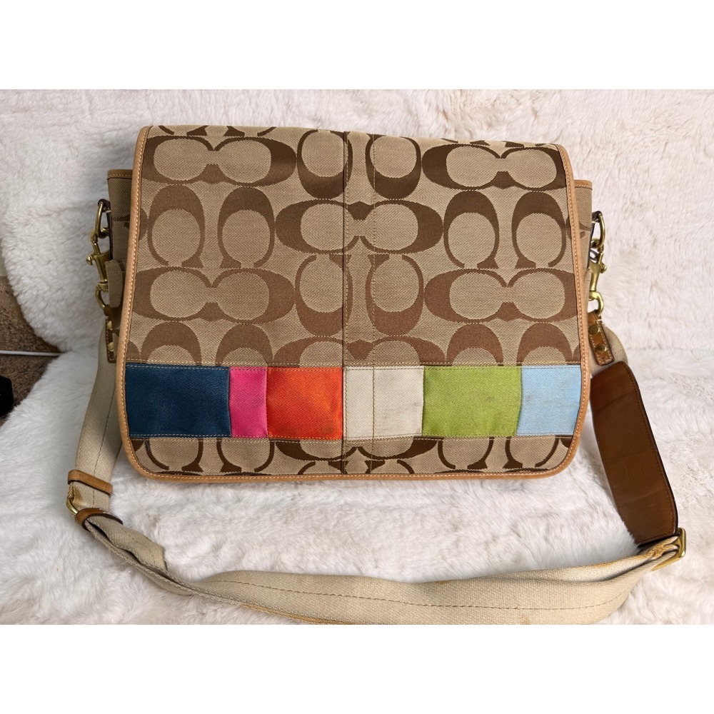 Coach Signature Jacquard Patchwork Diaper Bag Messenger Khaki Brown A0771-10754